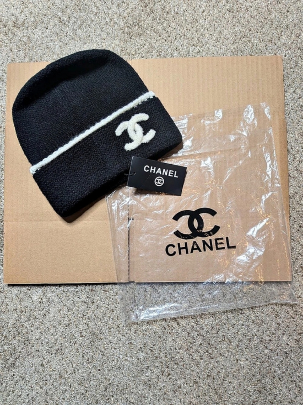 Chanel CC Logo Cashmere Blend Beanie Black White
